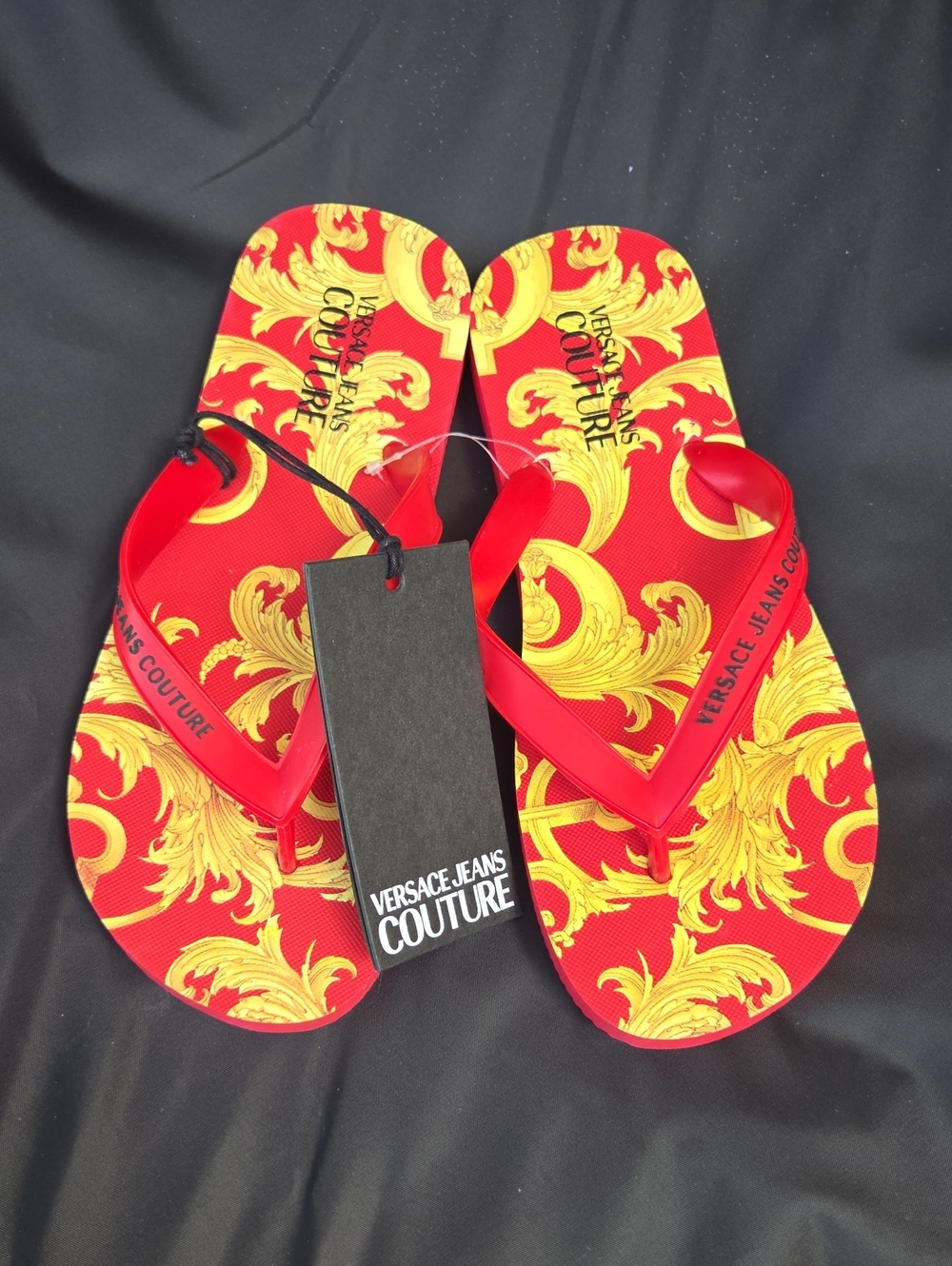 Versace Jeans Collection Women’s Red & Gold Baroque Print Flip Flops